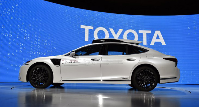 (FILES) LAS VEGAS, NEVADA – JANUARY 07: Toyota Research Institute (TRI) P4 semi-autonomous prototype based on the current Lexus LS500h is displayed during a Toyota press event for CES 2019 at the Mandalay Bay Convention Center on January 7, 2019 in Las Vegas, Nevada.