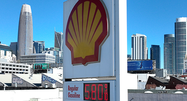 FILE: In an aerial view, gas prices nearing $6.00 a gallon are displayed at a Shell gas station on February 23, 2022 in San Francisco, California. Justin Sullivan/Getty Images/AFP