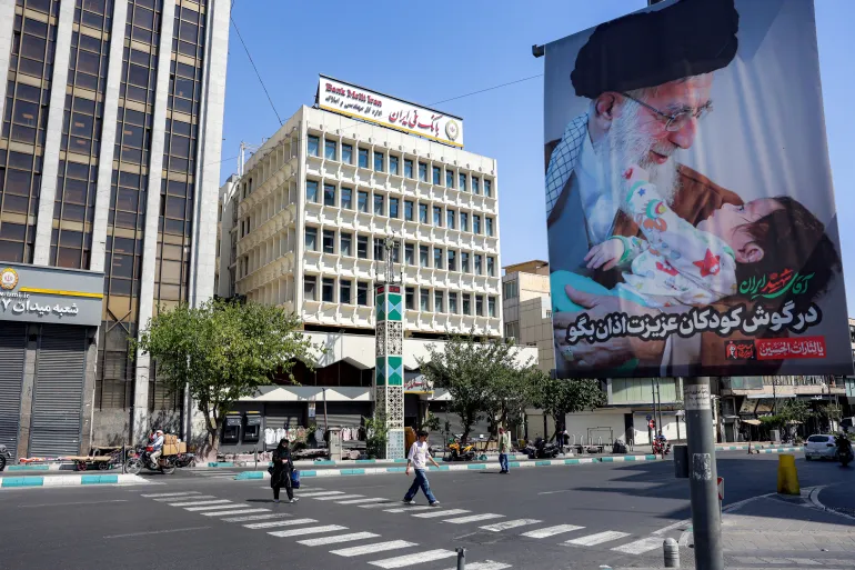 A billboard of mourning in Tehran depicts Iranian Supreme Leader Ali Khamenei, who was killed in an air strike on the first day of the US Israeli war on Iran